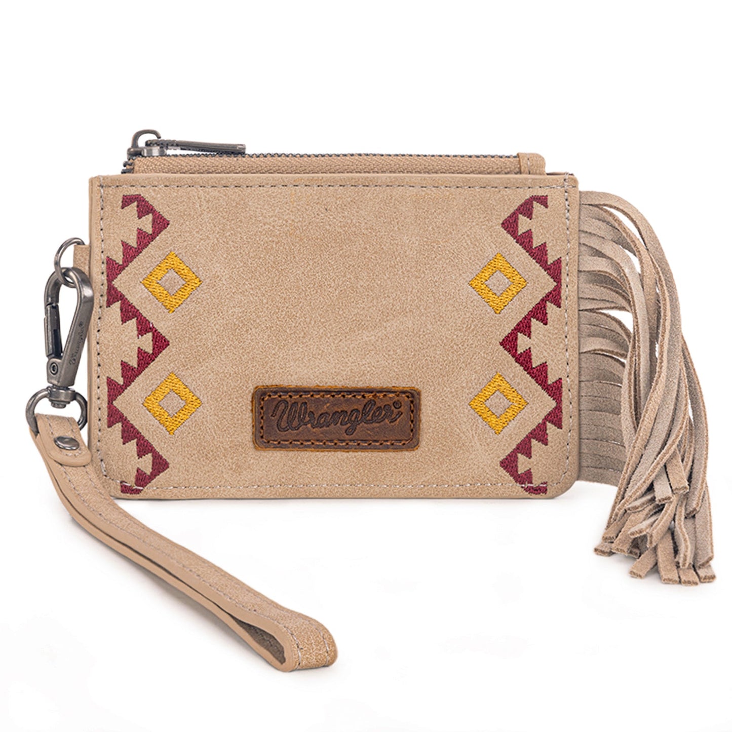 WG233-W069 Wrangler Aztec Embroidered Fringe Card Wallet/Wristlet -Tan