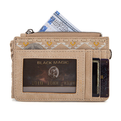 WG233-W069 Wrangler Aztec Embroidered Fringe Card Wallet/Wristlet -Tan