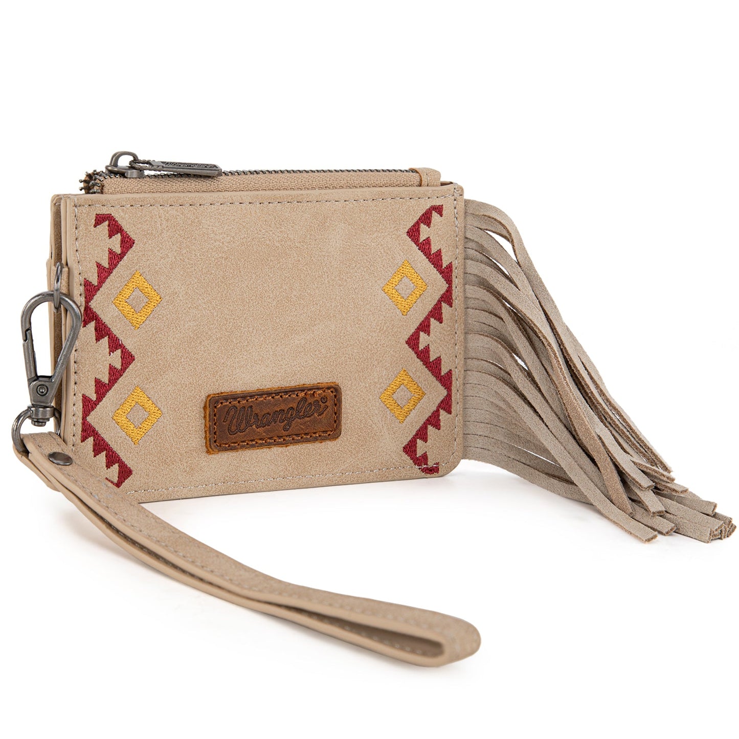 WG233-W069 Wrangler Aztec Embroidered Fringe Card Wallet/Wristlet -Tan