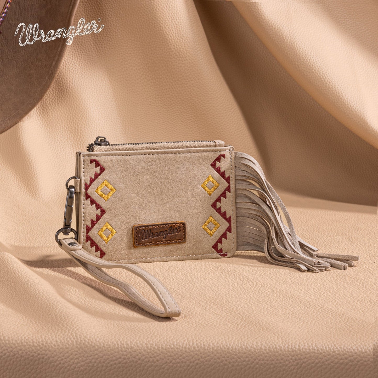 WG233-W069 Wrangler Aztec Embroidered Fringe Card Wallet/Wristlet -Tan