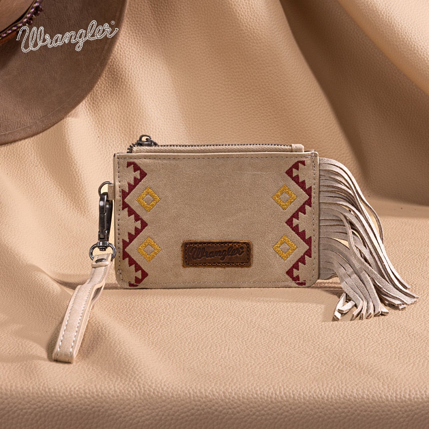 WG233-W069 Wrangler Aztec Embroidered Fringe Card Wallet/Wristlet -Tan
