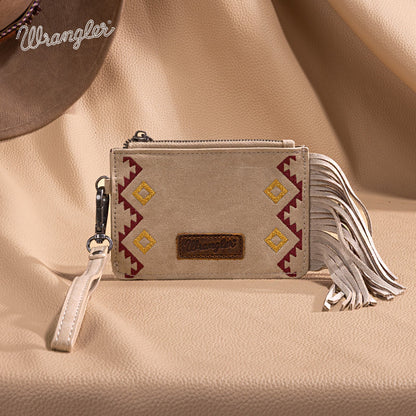 WG233-W069 Wrangler Aztec Embroidered Fringe Card Wallet/Wristlet -Tan