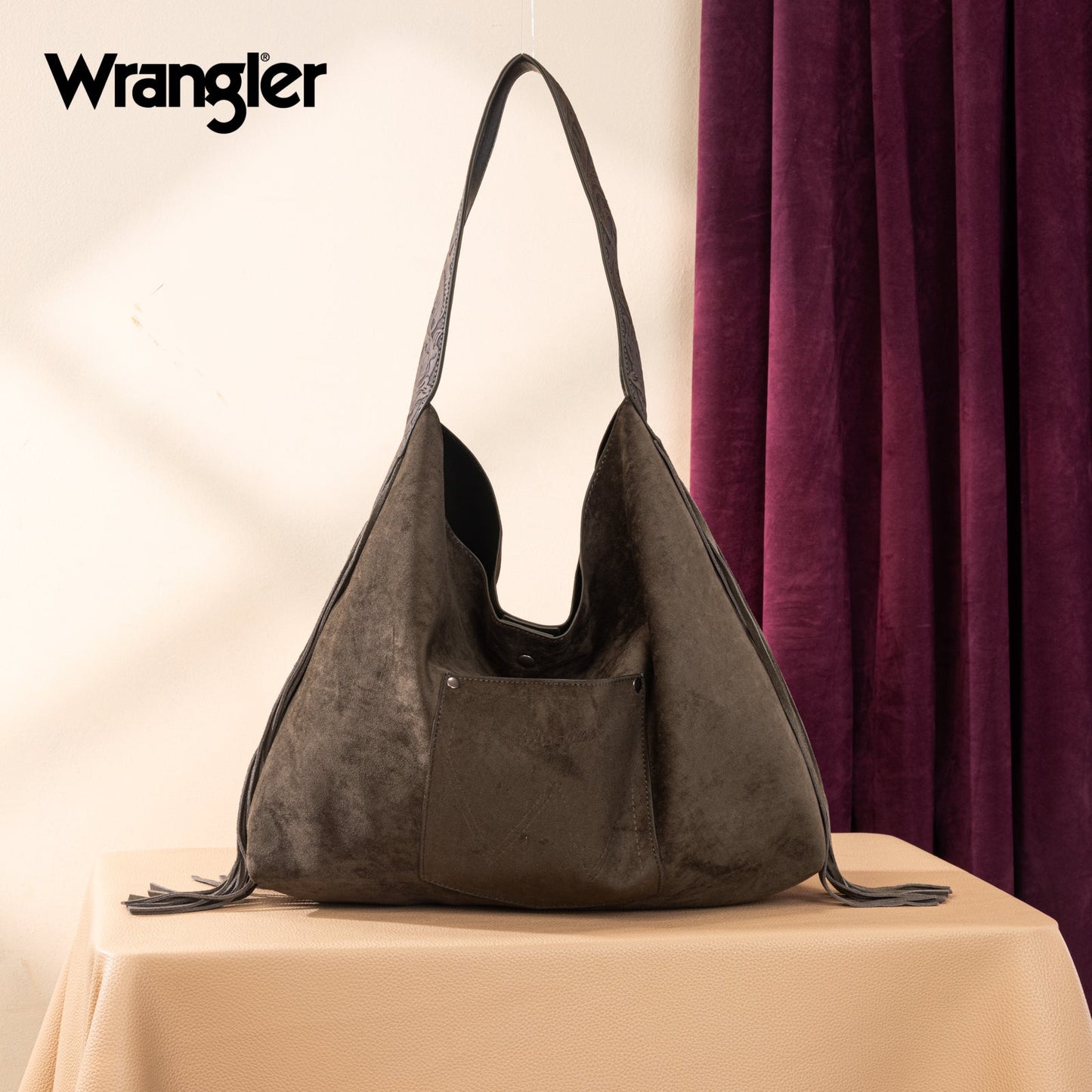 WG239-9182  Wrangler Fringe Floral Tooled Hobo Bag- Green