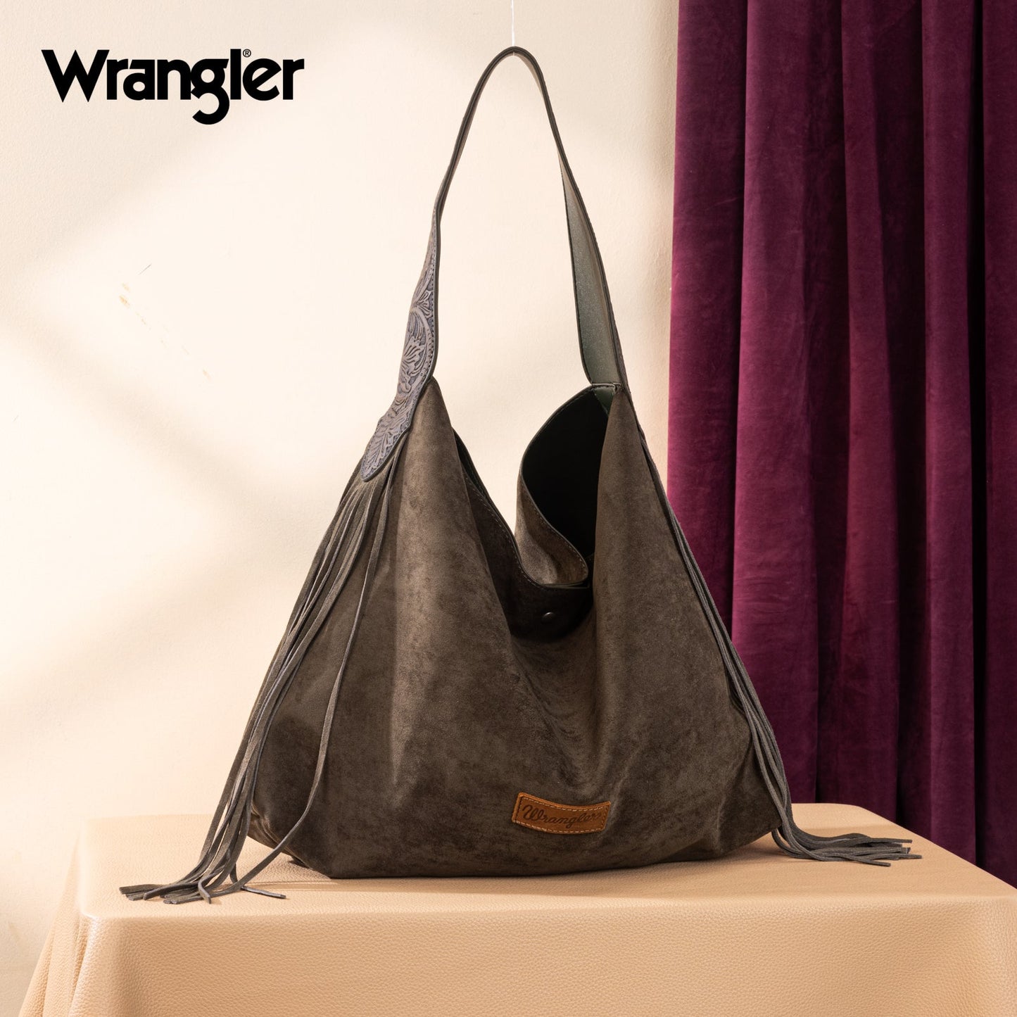 WG239-9182  Wrangler Fringe Floral Tooled Hobo Bag- Green