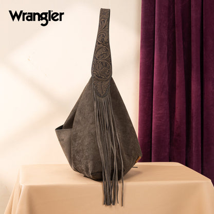 WG239-9182  Wrangler Fringe Floral Tooled Hobo Bag- Green