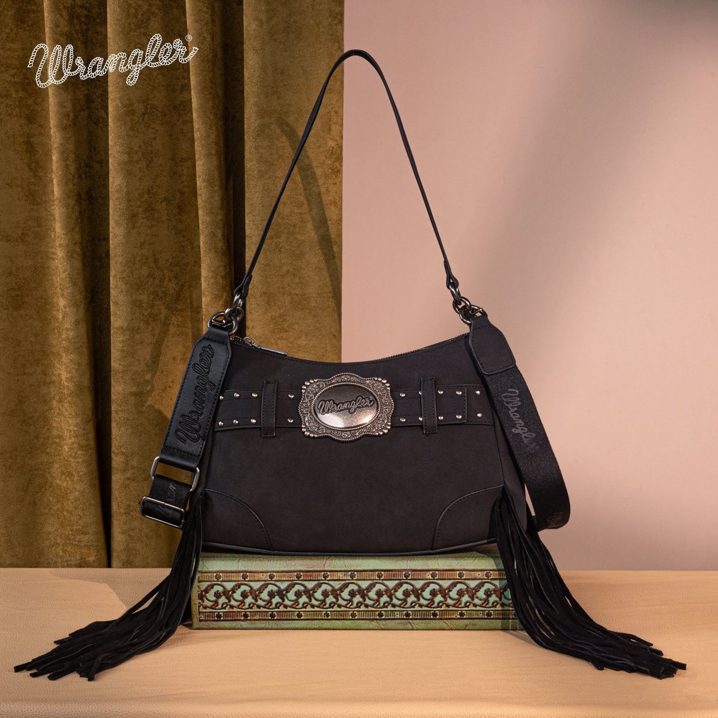 WG241-2022  Wrangler Fringe Buckle Hobo Bag/Crossbody Bag - Black