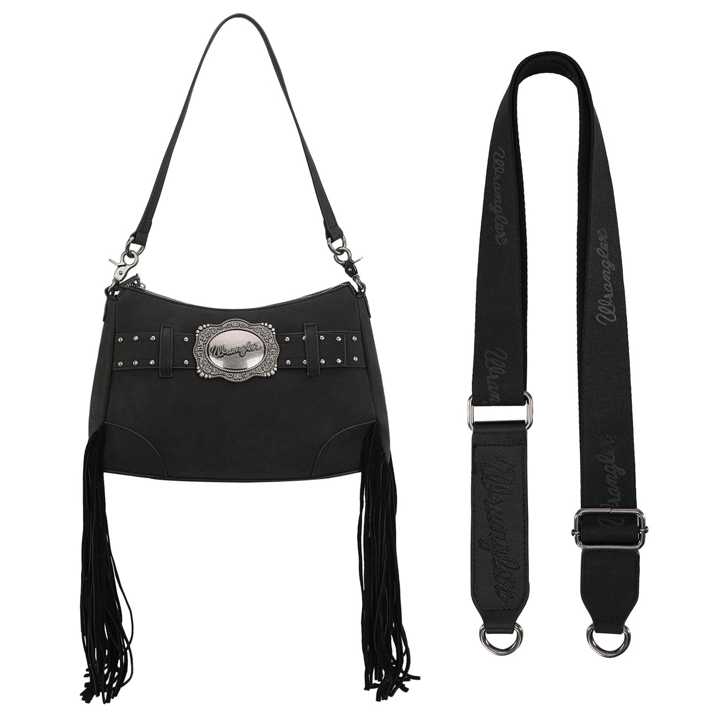 WG241-2022  Wrangler Fringe Buckle Hobo Bag/Crossbody Bag - Black