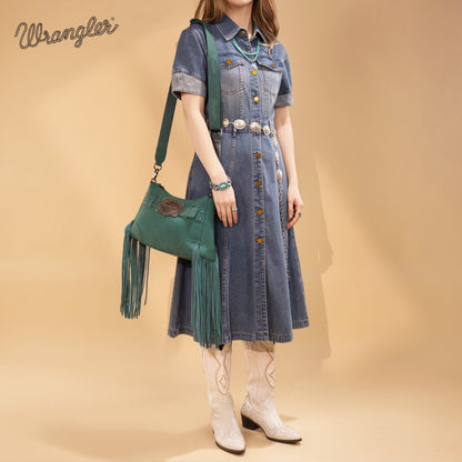 WG241-2022  Wrangler Fringe Buckle Hobo Bag/Crossbody Bag - Turquoise