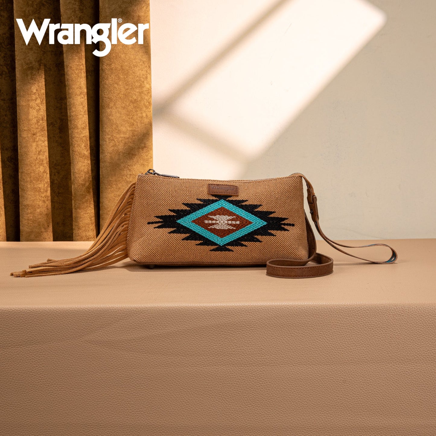 WG259-1834  Wrangler Embroidered Aztec Canvas Wristlet/Crossbody- Brown