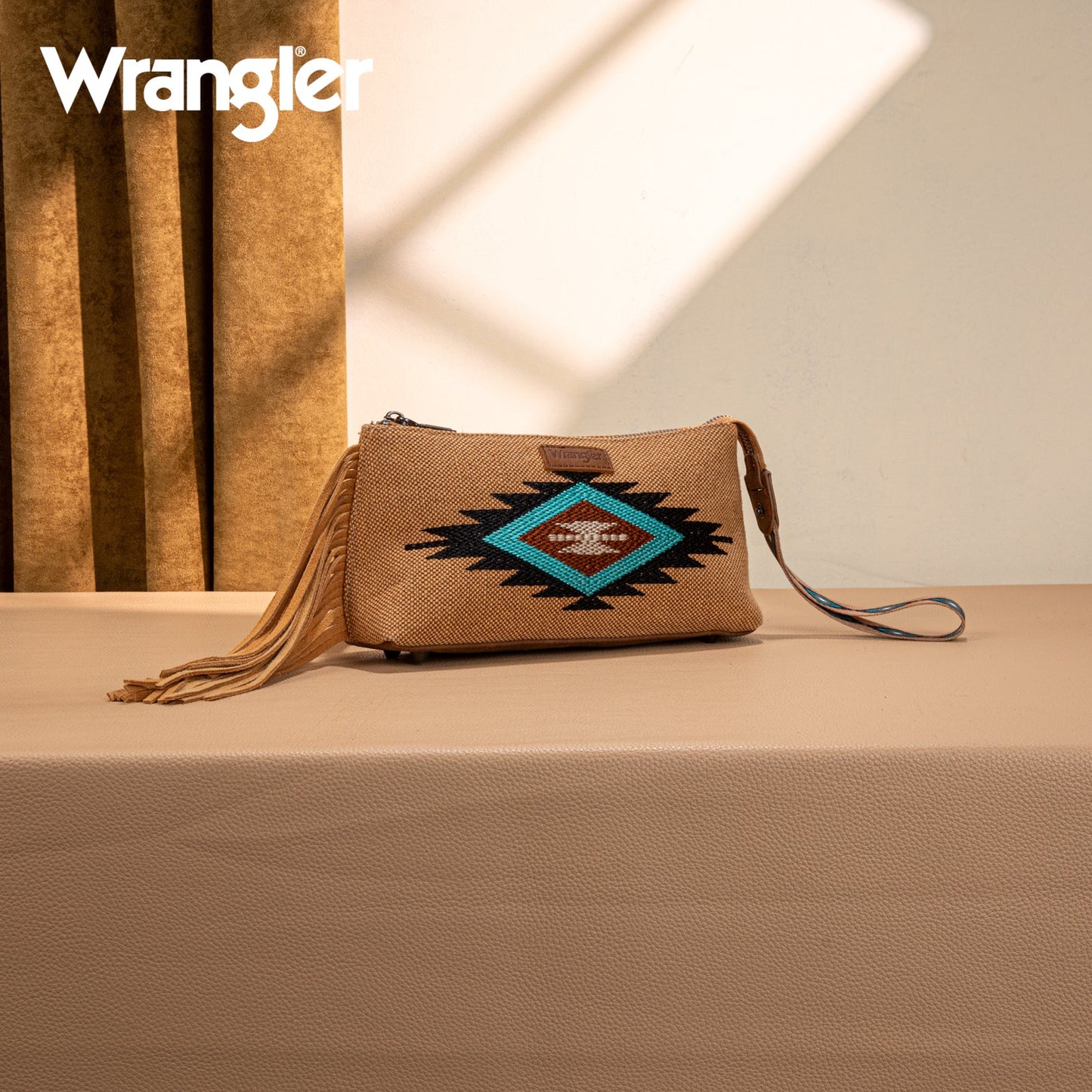 WG259-1834  Wrangler Embroidered Aztec Canvas Wristlet/Crossbody- Brown