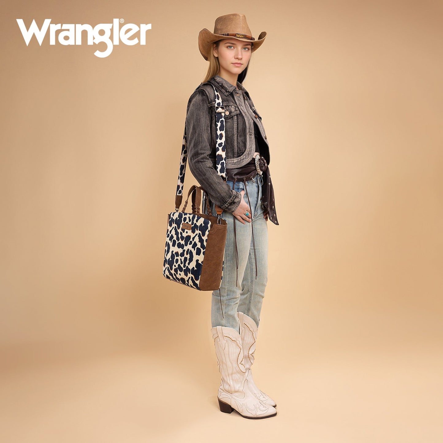 WG264-8014BR  Wrangler Cow Print Concealed Carry Tote/Crossbody - Brown