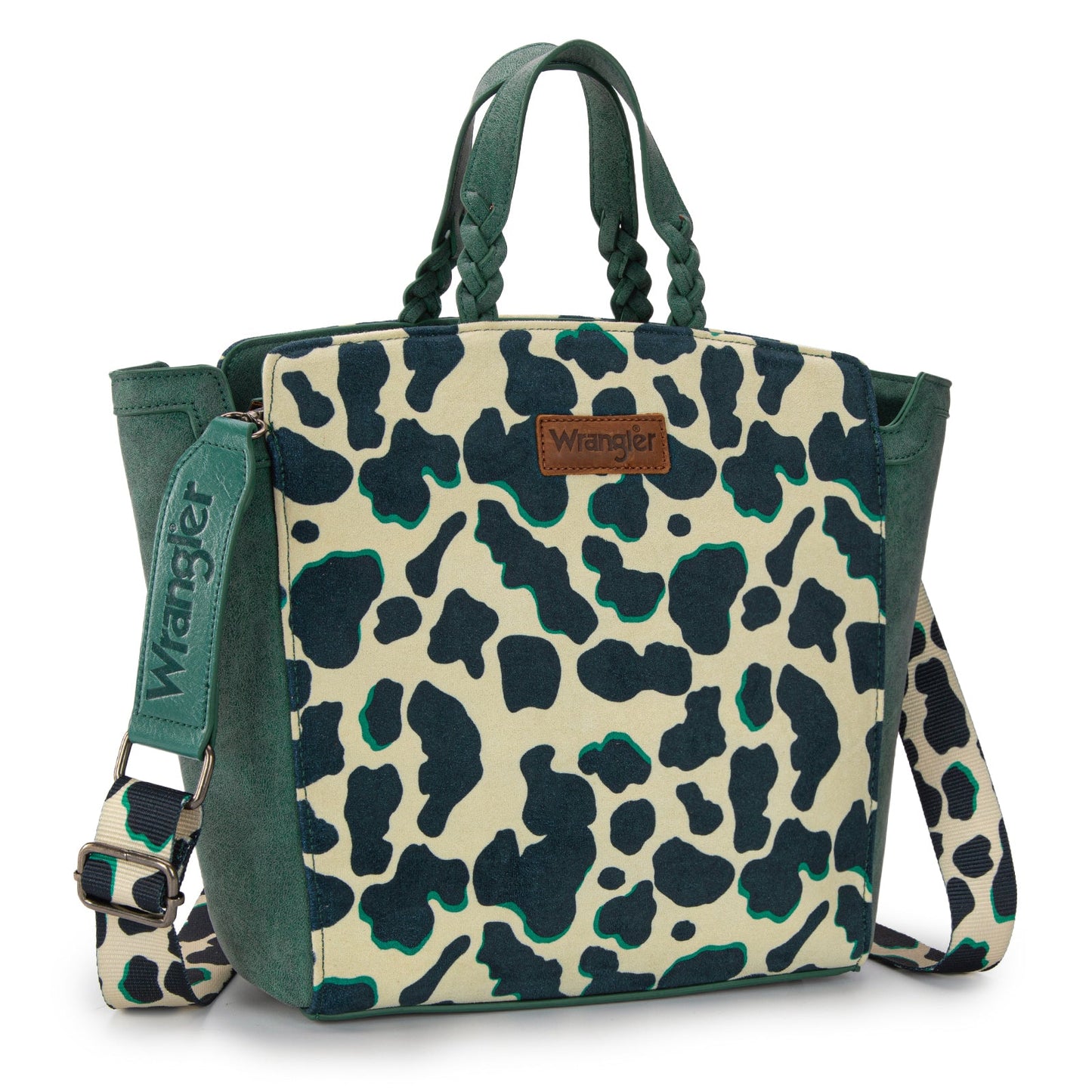 WG264-8014DTQ  Wrangler Cow Print Concealed Carry Tote/Crossbody- Dark Turquoise
