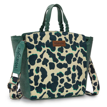 WG264-8014DTQ  Wrangler Cow Print Concealed Carry Tote/Crossbody- Dark Turquoise