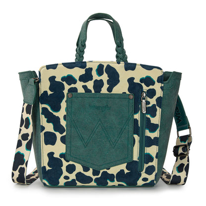 WG264-8014DTQ  Wrangler Cow Print Concealed Carry Tote/Crossbody- Dark Turquoise