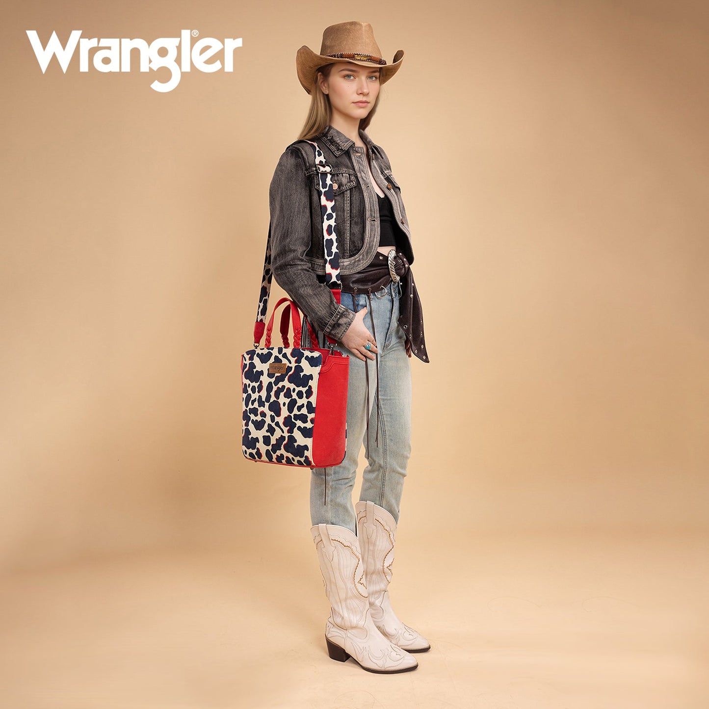 WG264-8014RD  Wrangler Cow Print Concealed Carry Tote/Crossbody - Red