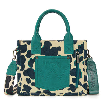 WG264-8120DTQ  Wrangler Cow Print Concealed Carry Tote/Crossbody -Dark Turquoise