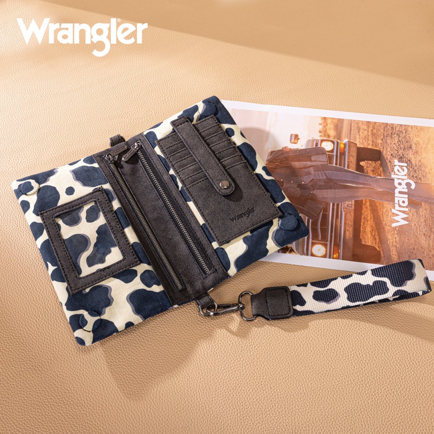 WG264-W106BK   Wrangler Cow Print  Wallet/Wristlet/Crossbody -Black