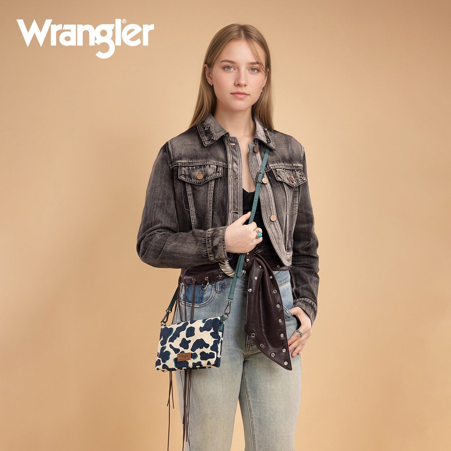 WG264-W106DTQ  Wrangler Cow Print  Wallet/Wristlet/Crossbody -Dark Turquoise