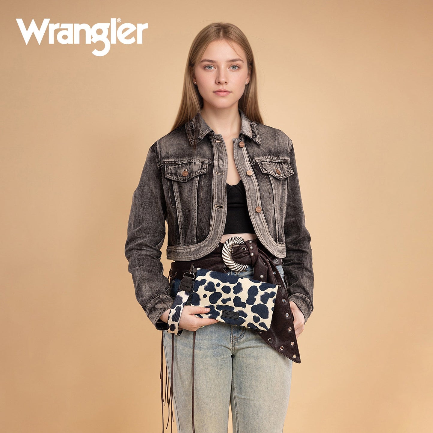 WG264-W106BK   Wrangler Cow Print  Wallet/Wristlet/Crossbody -Black