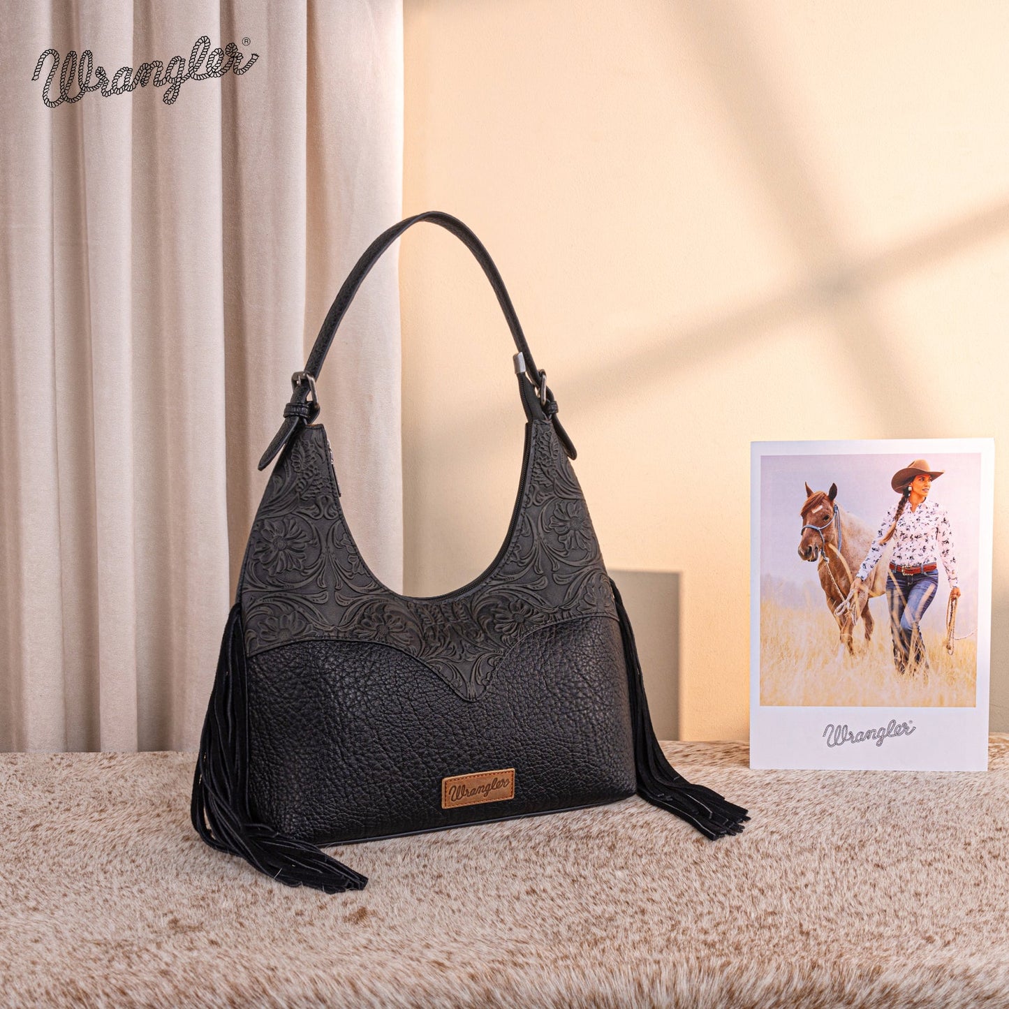 WG265-3027  Wrangler Fringe Floral Tooled Hobo Bag- Black