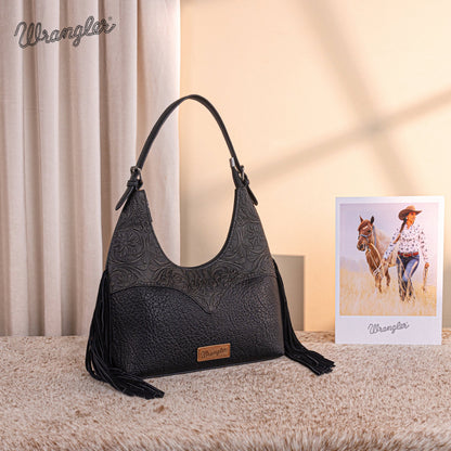 WG265-3027  Wrangler Fringe Floral Tooled Hobo Bag- Black