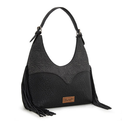 WG265-3027  Wrangler Fringe Floral Tooled Hobo Bag- Black