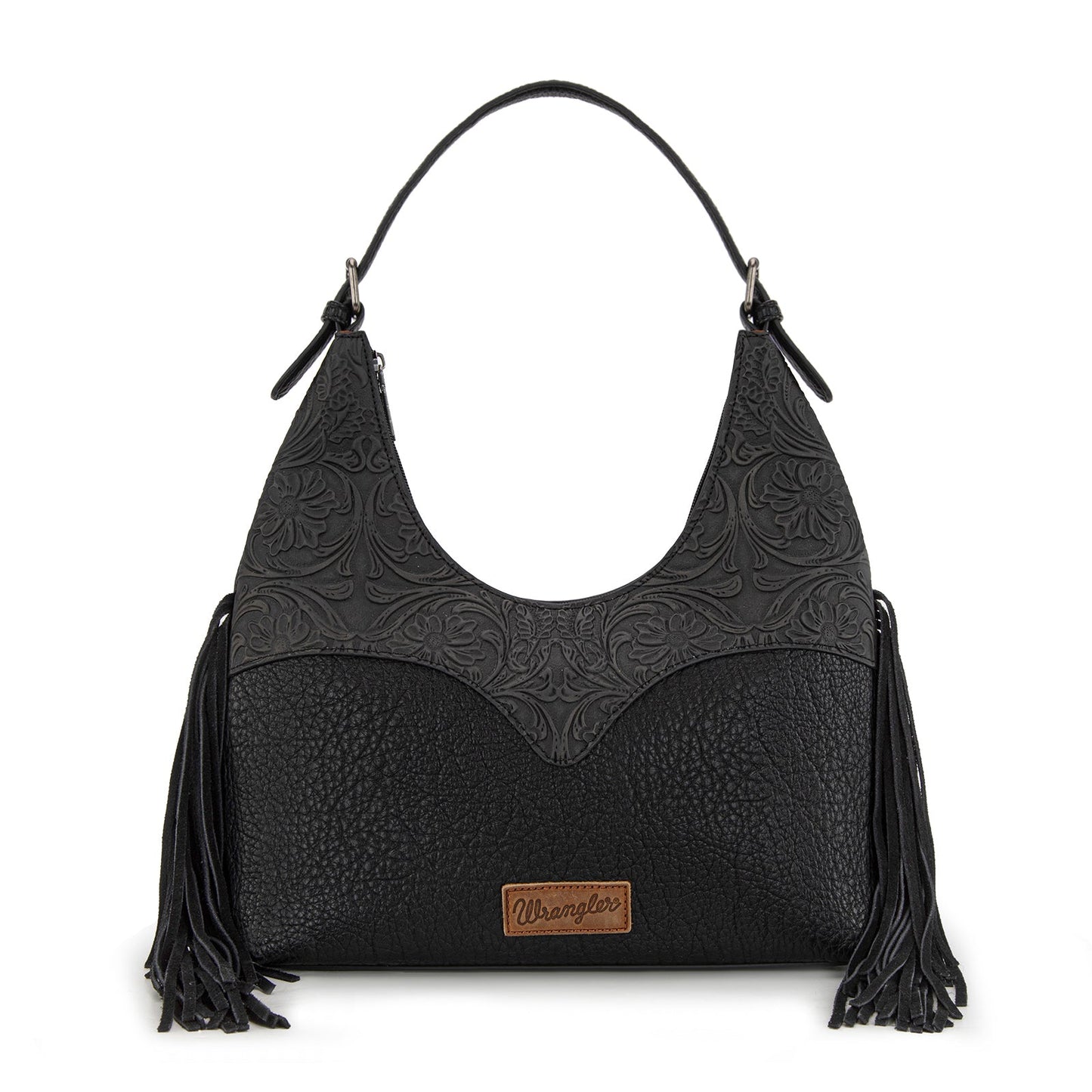 WG265-3027  Wrangler Fringe Floral Tooled Hobo Bag- Black