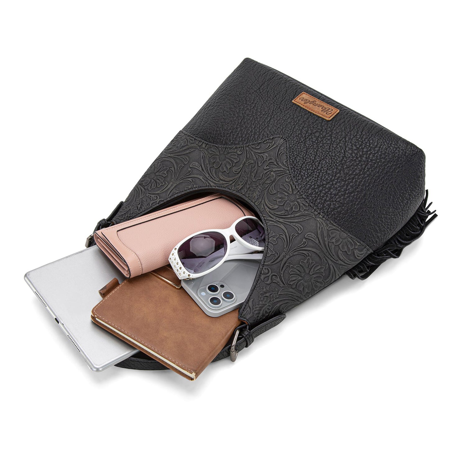 WG265-3027  Wrangler Fringe Floral Tooled Hobo Bag- Black