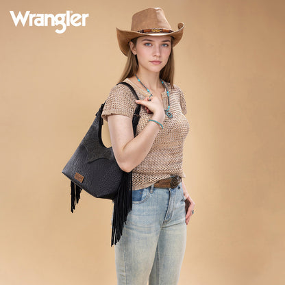 WG265-3027  Wrangler Fringe Floral Tooled Hobo Bag- Black