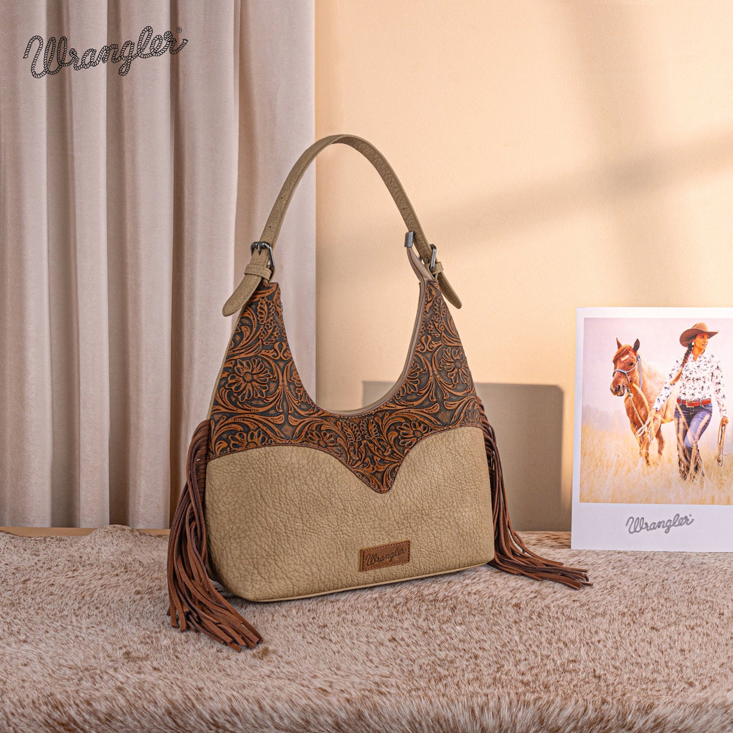 WG265-3027  Wrangler Fringe Floral Tooled Hobo Bag- Brown-Tan