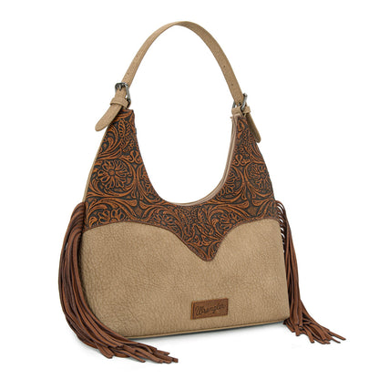 WG265-3027  Wrangler Fringe Floral Tooled Hobo Bag- Brown-Tan