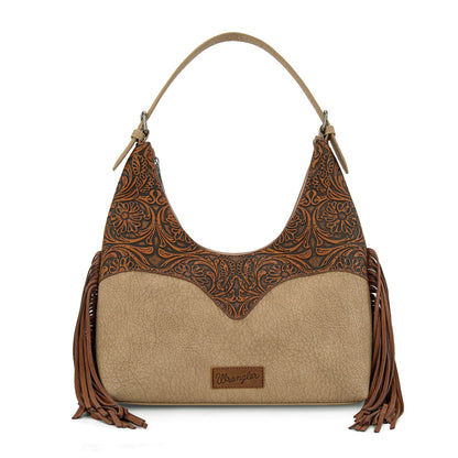 WG265-3027  Wrangler Fringe Floral Tooled Hobo Bag- Brown-Tan