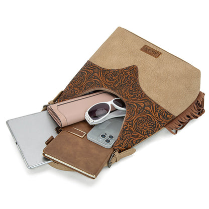 WG265-3027  Wrangler Fringe Floral Tooled Hobo Bag- Brown-Tan