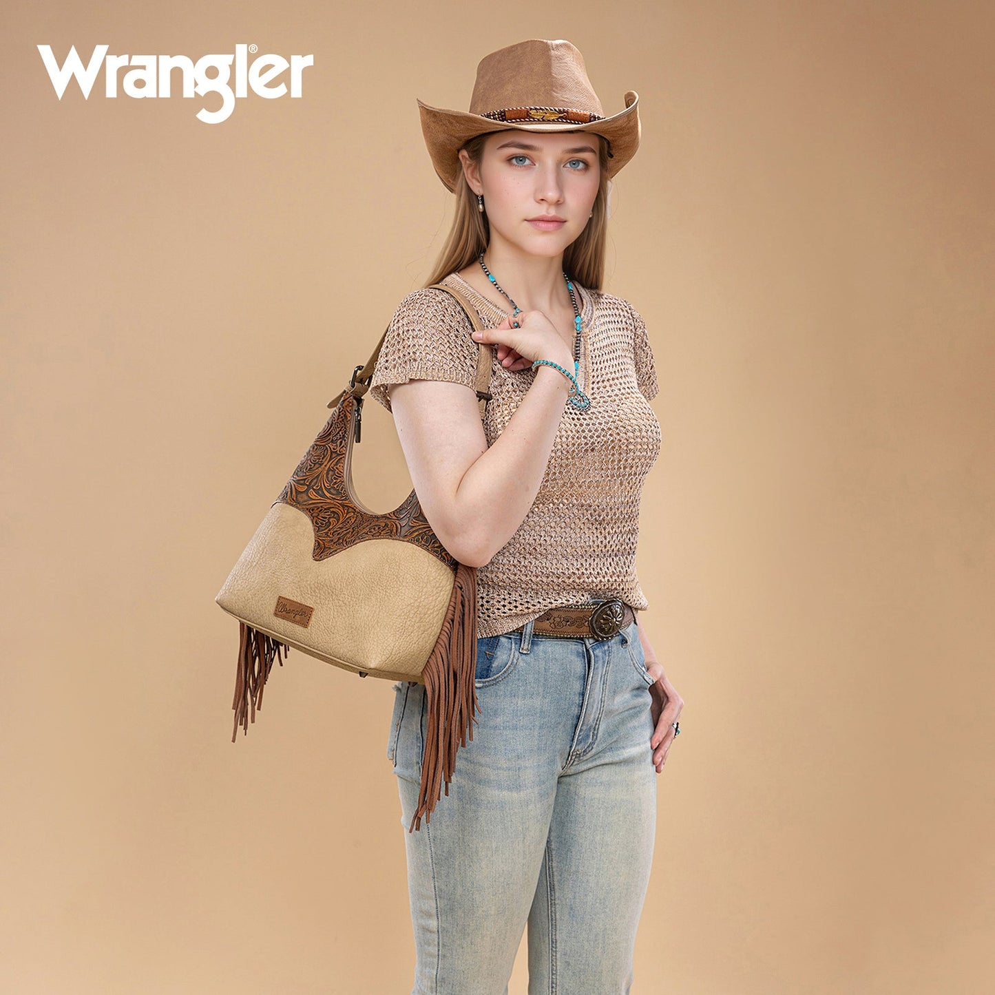 WG265-3027  Wrangler Fringe Floral Tooled Hobo Bag- Brown-Tan
