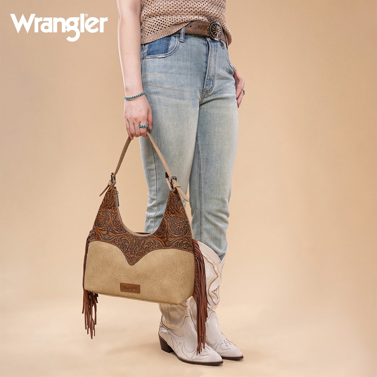 WG265-3027  Wrangler Fringe Floral Tooled Hobo Bag- Brown-Tan