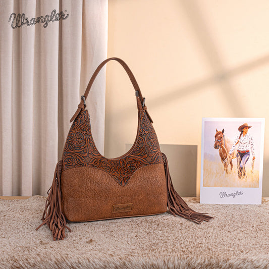 WG265-3027  Wrangler Fringe Floral Tooled Hobo Bag- Brown