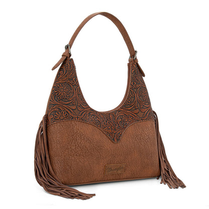 WG265-3027  Wrangler Fringe Floral Tooled Hobo Bag- Brown