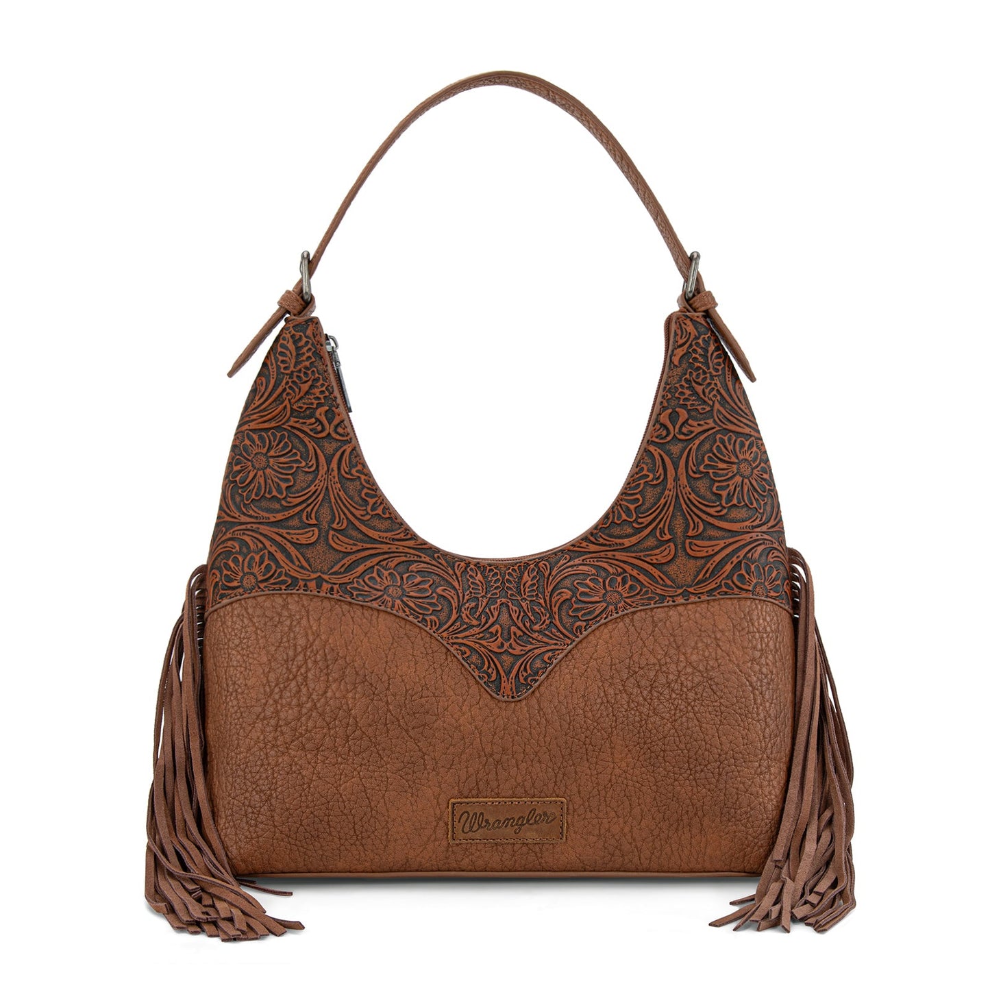 WG265-3027  Wrangler Fringe Floral Tooled Hobo Bag- Brown