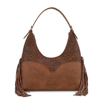 WG265-3027  Wrangler Fringe Floral Tooled Hobo Bag- Brown