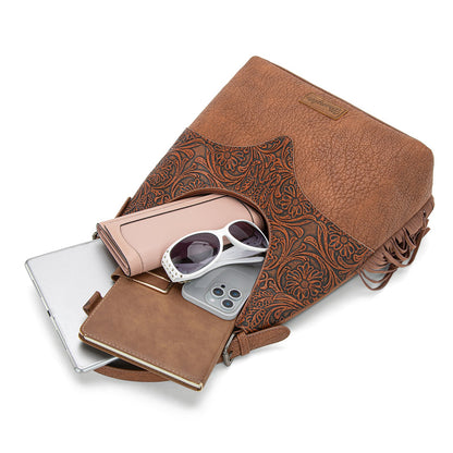 WG265-3027  Wrangler Fringe Floral Tooled Hobo Bag- Brown