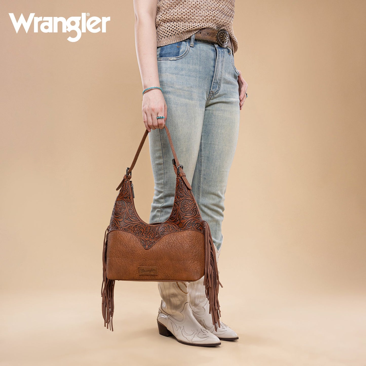 WG265-3027  Wrangler Fringe Floral Tooled Hobo Bag- Brown