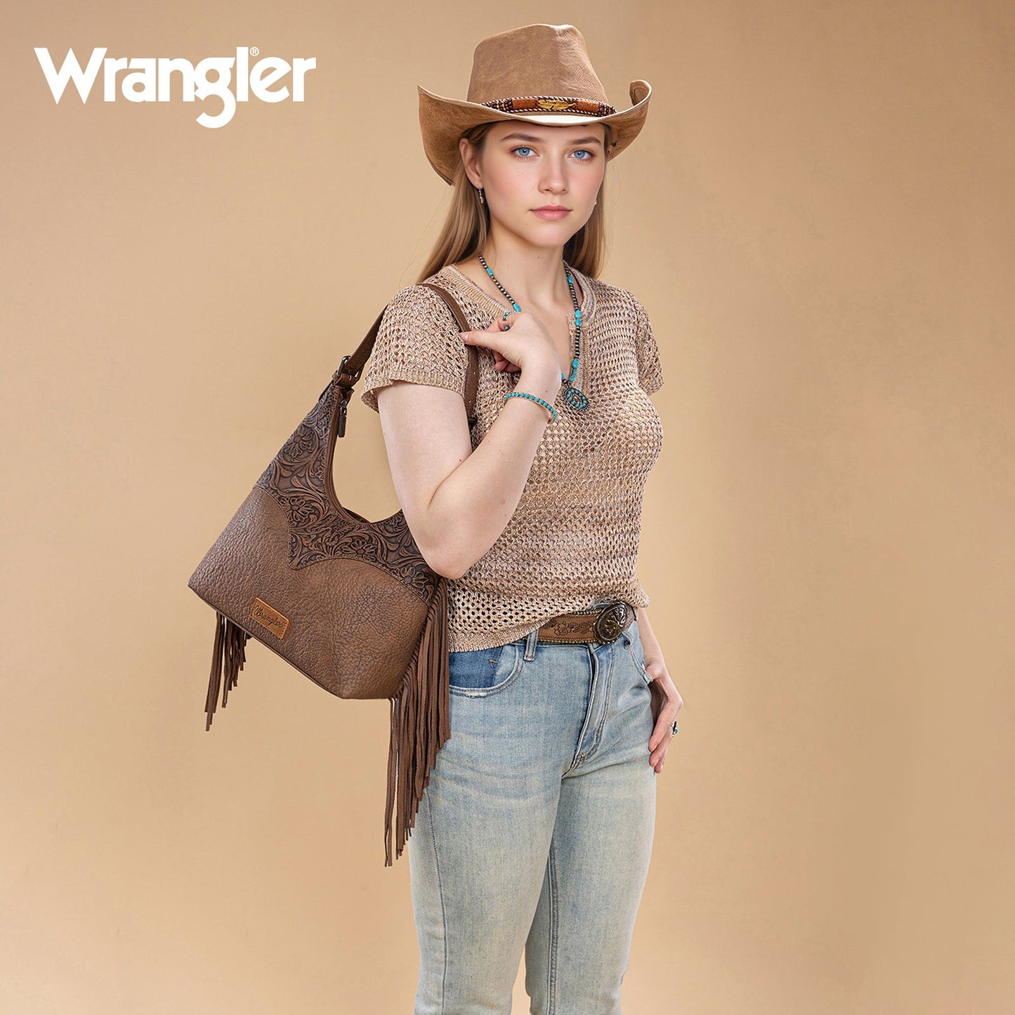 WG265-3027  Wrangler Fringe Floral Tooled Hobo Bag-Coffee
