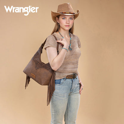 WG265-3027  Wrangler Fringe Floral Tooled Hobo Bag-Coffee