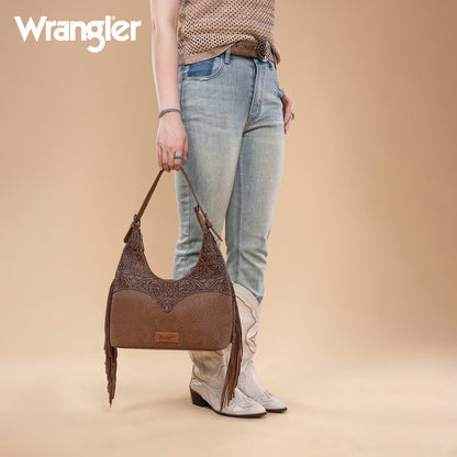 WG265-3027  Wrangler Fringe Floral Tooled Hobo Bag-Coffee