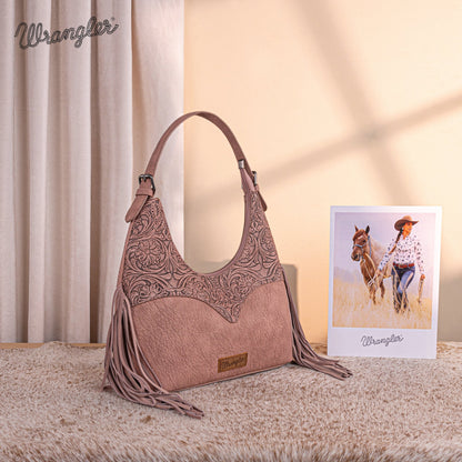 WG265-3027  Wrangler Fringe Floral Tooled Hobo Bag- Dark Pink