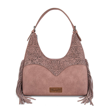 WG265-3027  Wrangler Fringe Floral Tooled Hobo Bag- Dark Pink