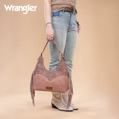 WG265-3027  Wrangler Fringe Floral Tooled Hobo Bag- Dark Pink