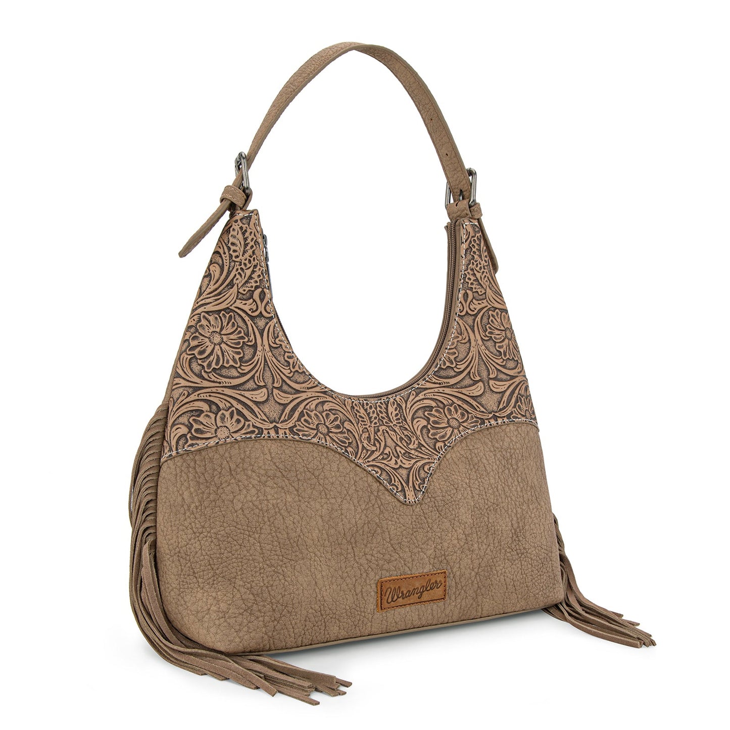WG265-3027  Wrangler Fringe Floral Tooled Hobo Bag-Khaki