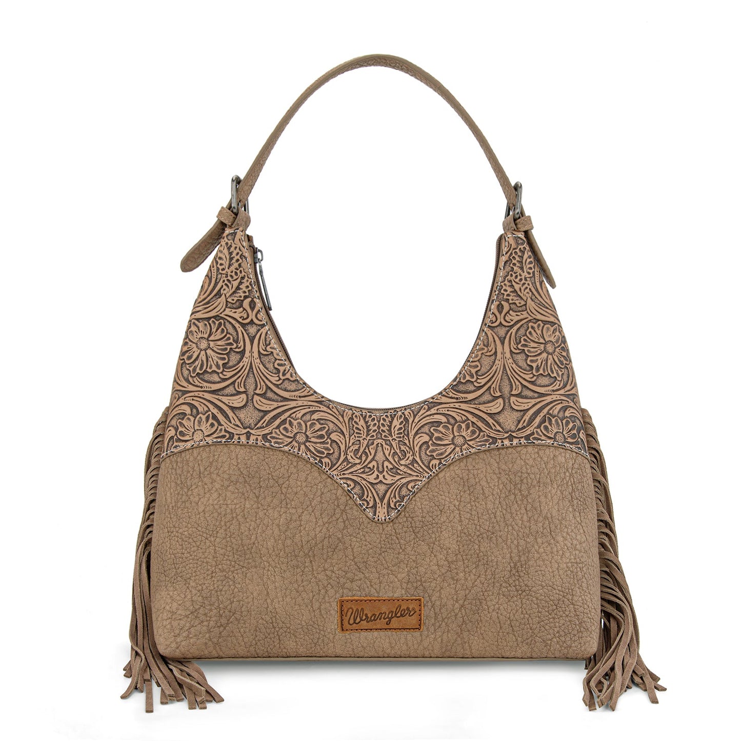WG265-3027  Wrangler Fringe Floral Tooled Hobo Bag-Khaki
