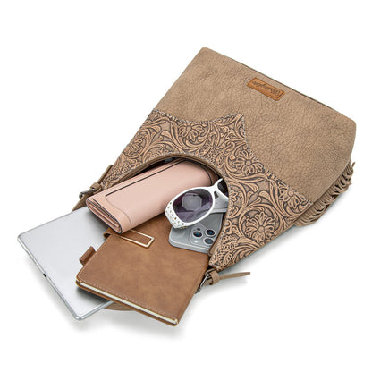 WG265-3027  Wrangler Fringe Floral Tooled Hobo Bag-Khaki